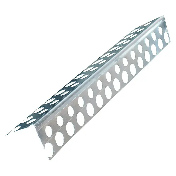 Dakota Perfil para baldosas aluminio - Aluminio, Plateado, 2,5 m x 25 mm - Un cantonera angular metálica plateada con agujeros, diseñada para proteger y reforzar esquinas de paredes.