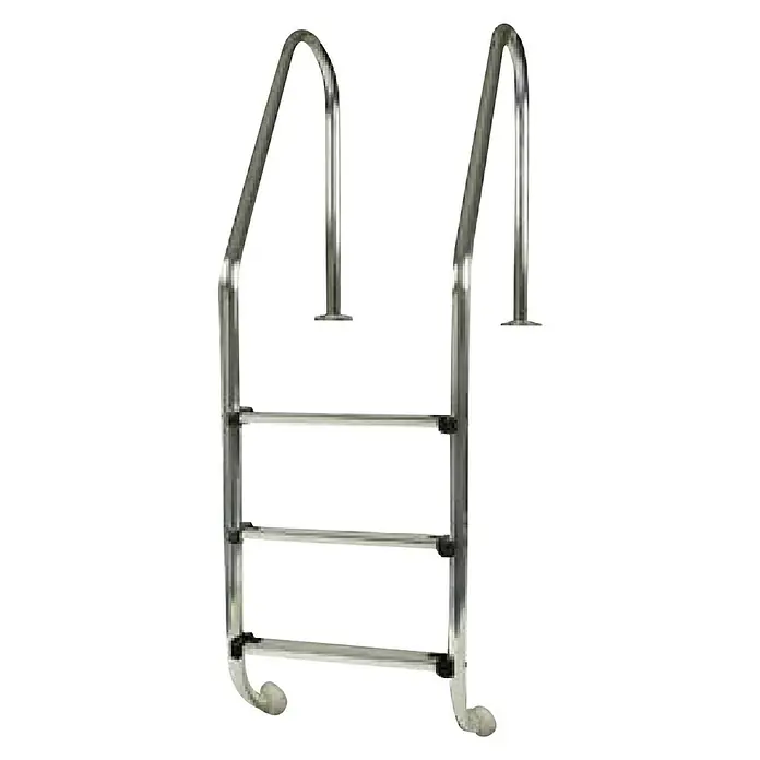 Gre Escalera de piscina Standard - Específico para: Piscina enterrada, Acero inoxidable - Imagen de una escalera de piscina de acero inoxidable de tres peldaños con pasamanos para una entrada y salida seguras.