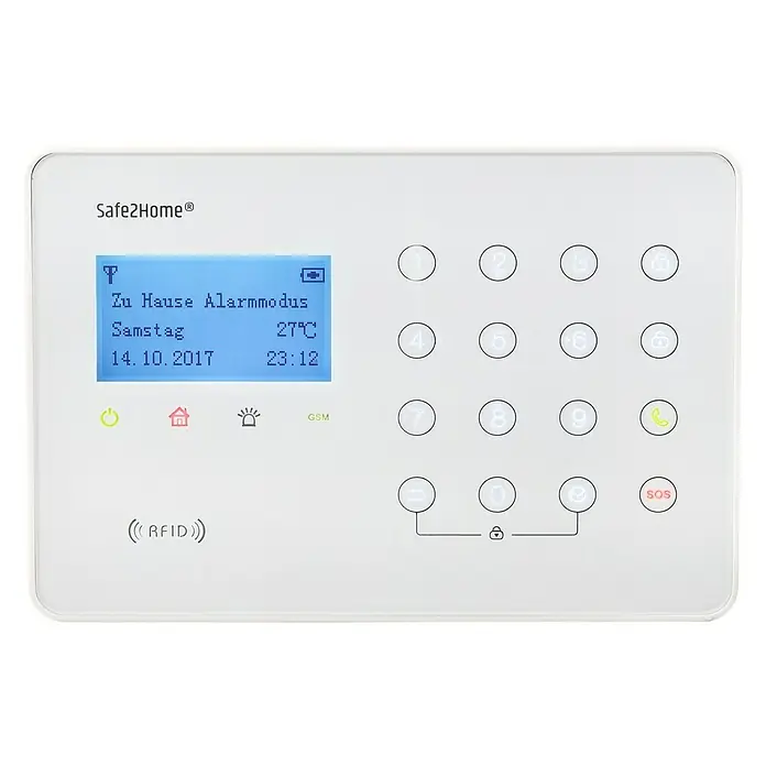 Safe2Home Alarmanlagen-Set SP110 Komplett - Mit Solar-Außensirene, L x B x H: 195 x 136 x 31 mm - Alarmanlage Safe2Home® mit Display, Tastenfeld und RFID-Funktion für zuverlässigen Schutz und einfache Bedienung im modernen Design.