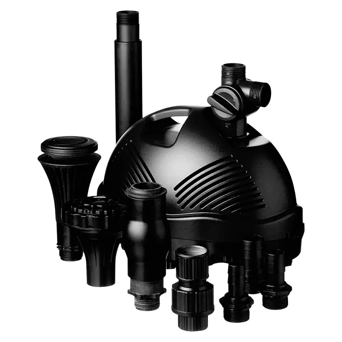 Ubbink Wasserspielpumpe Elimax 9000 - 215 W, Max. Förderhöhe: 520 cm - Eine schwarze Teichpumpe mit verschiedenen Aufsätzen für unterschiedliche Wassereffekte, ideal für Gartenteiche.