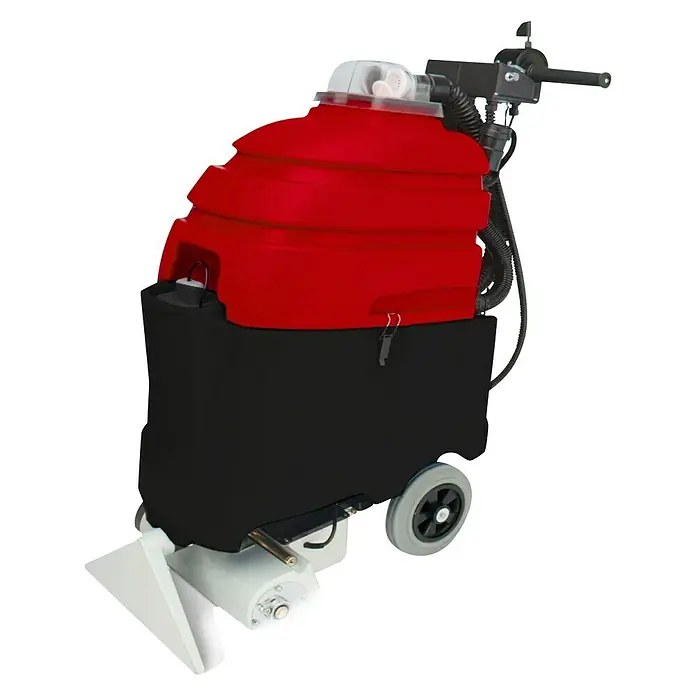 Arcora Waschsauger Aniko 70 - 1.500 W, Flächenleistung: 250 m²/h - Hier ist ein roter und schwarzer Teppichreiniger mit Griff und Rädern. Dieses Gerät sorgt für saubere Teppiche im Handumdrehen.