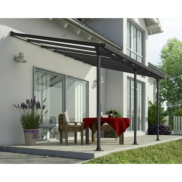 Solid Elements Terrassenüberdachung Martina - B x T: 425 x 300 cm, Anthrazitgrau, Polycarbonat, Transparent - Eine moderne Terrassenüberdachung in Anthrazit bietet stilvollen Schutz und Komfort für den Außenbereich mit Möbeln.