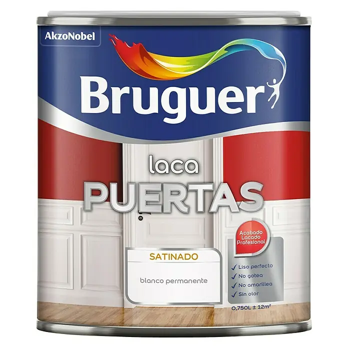 Bruguer Esmalte blanco para puertas - Blanco, 750 ml, Satinado - Bote de 0,75L de laca Bruguer para puertas, blanco satinado. Ideal para un acabado profesional, liso, sin goteo y sin olor.