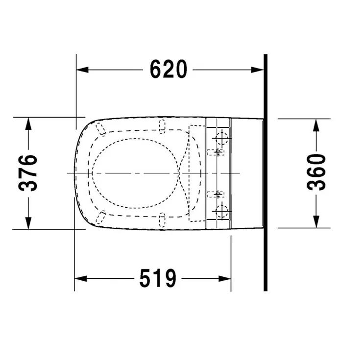 Duravit DuraStyle Wand-WC Typ 1 - Spülrandlos, Ohne Spezialglasur, Spülform: Tief, WC Abgang: Waagerecht, Weiß - Schemazeichnung einer Toilette mit den Maßen 620 x 376 x 360 x 519 mm zur genauen Planung.