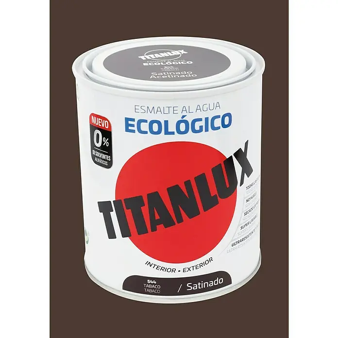 Titanlux Esmalte de color Eco - Tabaco, Satinado, 750 ml, Base de agua - Bote de pintura satinada color tabaco Titanlux, un esmalte al agua ecológico para interiores y exteriores, con 0% de disolventes alifáticos.
