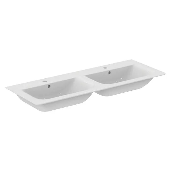 Ideal Standard Connect Air Einbauwaschbecken - 124 x 46 cm, Ohne Spezialglasur, Hahnloch: Mitte, Mit Überlauf, Weiß - Doppelwaschtisch aus Keramik in Weiß für das Badezimmer. Das Waschbecken hat zwei Mulden mit jeweils einem Abflussloch.
