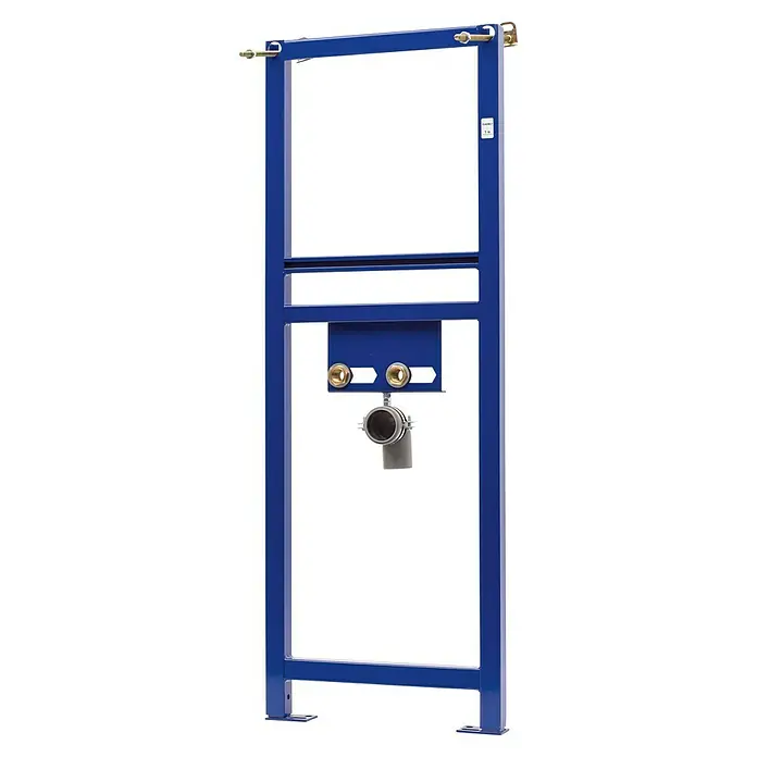 Siamp Waschtisch-Vorwandelement BH-WT-001 - 9 x 41 x 118 cm, Pulverbeschichtet - Abbildung eines Vorwandelementes für Wand-WC, blau, mit Anschlüssen für Wasser und Abwasser.