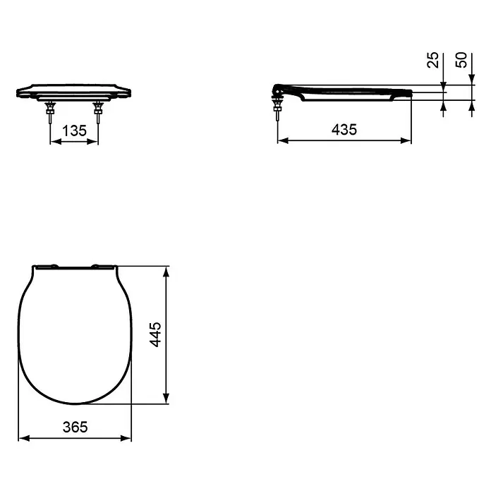 Ideal Standard Connect Air WC-Sitz - Duroplast, Weiß, Mit Absenkautomatik - Technische Zeichnung eines WC-Sitzes mit den Maßen 435x365 mm, inklusive detaillierter Höhenangaben für Installationen.