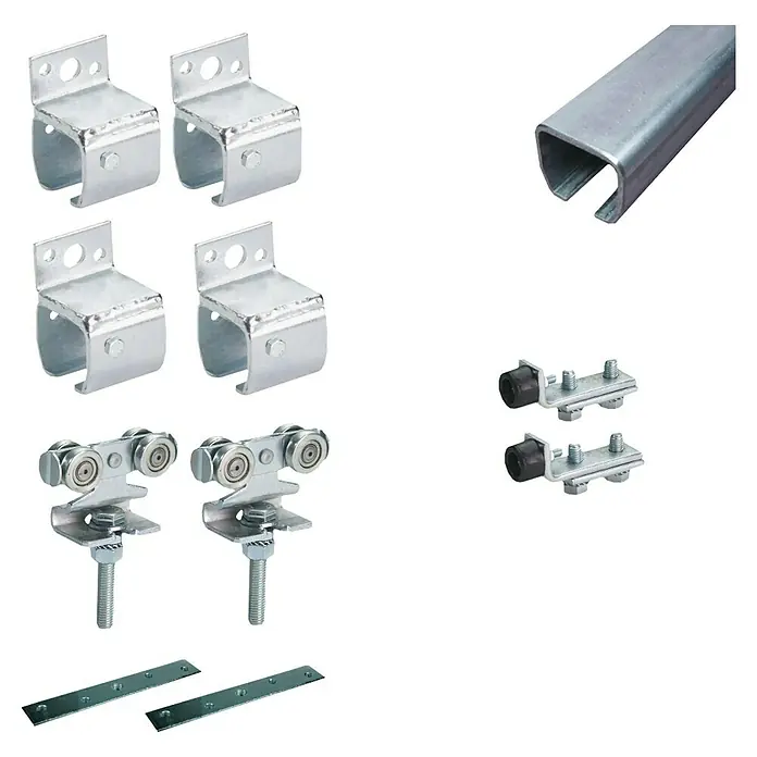 HBS Betz Schiebetorbeschlag Typ 40 - 200 cm, Traglast: 400 kg, Wandmontage, Einsatzbereich: Stallungen - Verschiedene Metallteile für Schiebetürbeschläge, inklusive Halterungen, Rollen, Stopper und Schienen.