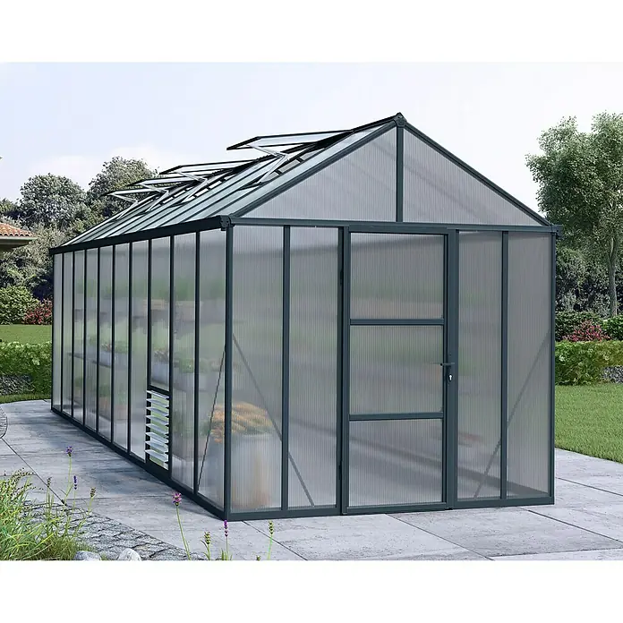 Palram – Canopia Gewächshaus Glory 8x20 - Außenmaß inkl. Dachüberstand (B x T): 253 x 604 cm, 10 mm, Anthrazit - Das Bild zeigt ein modernes Gewächshaus mit transparenten Wänden und einem dunklen Rahmen, umgeben von einem Garten.