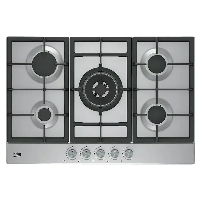Beko Placa de cocción de gas HIAW 75225 SL - L x An: 51 x 75 cm, Número de quemadores de gas: 5 ud. - Aquí hay una placa de gas Beko con cinco quemadores y controles frontales, ideal para cualquier cocina moderna.