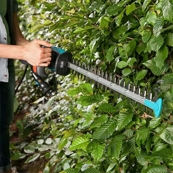 Gardena Elektro-Heckenschere Easy Cut 420/45 - 420 W, Schnittlänge: 43 cm, Max. Aststärke: 18 mm - Eine Person trimmt eine Hecke mit einer elektrischen Heckenschere der Marke GARDENA, die mit scharfen Klingen für präzise Schnitte ausgestattet ist.
