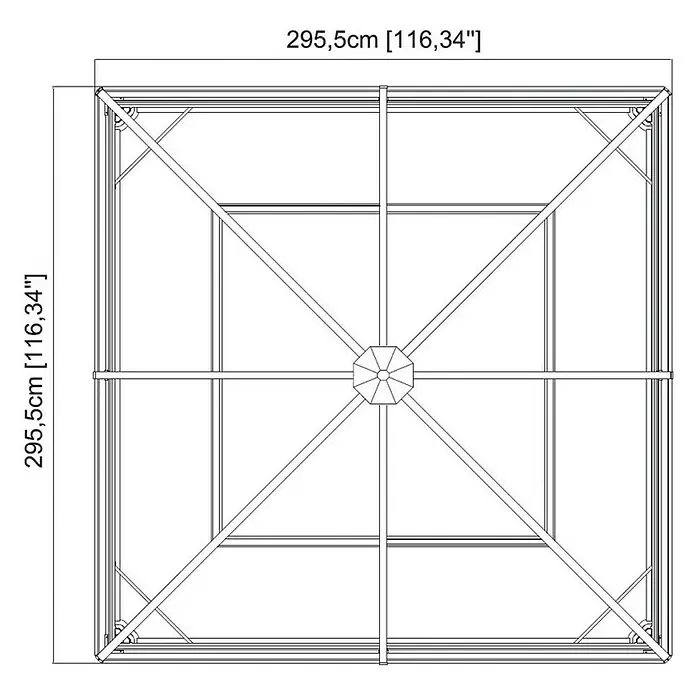 Sojag Standard-Pavillon Ventura 10 x 10 - B x T: 296 x 296 cm, Farbe Gestell: Anthrazit, Aluminium - Draufsicht auf eine quadratische Pavillonstruktur mit den Maßen 295,5 cm x 295,5 cm.