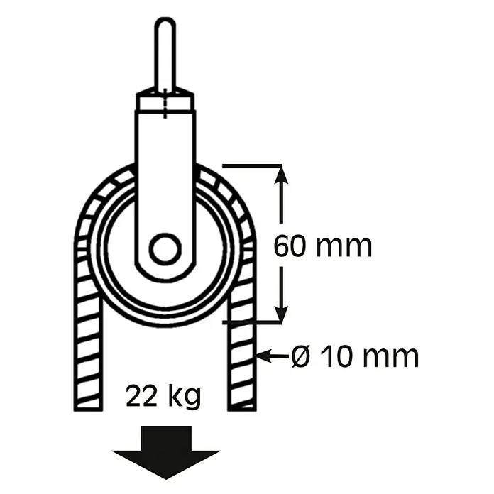 HBS Betz Seilrolle - Typ: Waschseilrolle, Grauguss, Traglast: 22 kg, Durchmesser: 60 mm, 1 Stk. - Darstellung einer Umlenkrolle mit einer Traglast von 22 kg, einer Höhe von 60 mm und einem Seildurchmesser von 10 mm.