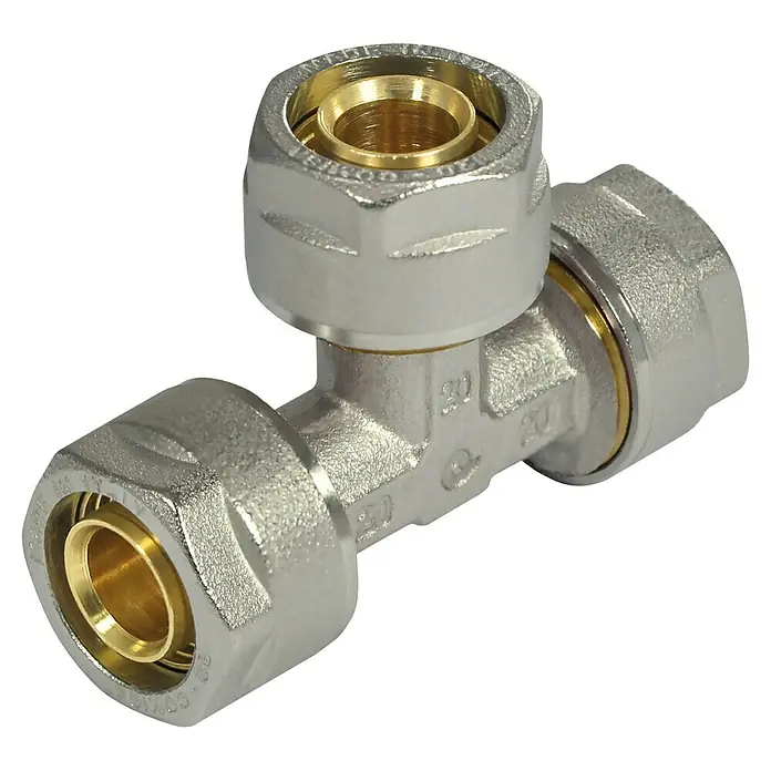Comisa Schraub-T-Stück - 20 x 16 x 20 mm, Vernickelt - T-Stück aus Metall mit drei Anschlüssen und goldenen Innenseiten für Sanitär- oder Heizungsanwendungen.