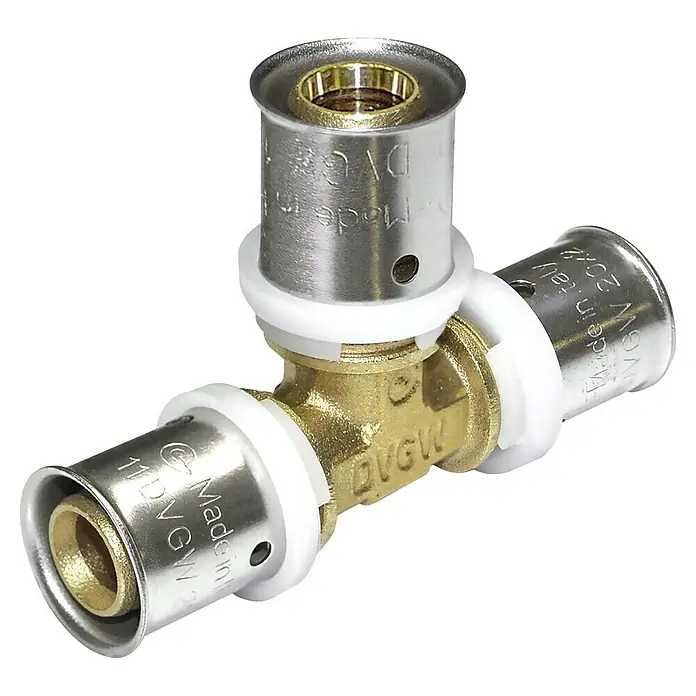 Comisa Press-T-Stück - 3 x 16 mm, Durchmesser: 16 mm - Ein Messing-T-Stück Verbinder mit weißen Kunststoffringen und metallischen Enden für Rohre, ideal für Sanitärinstallationen.