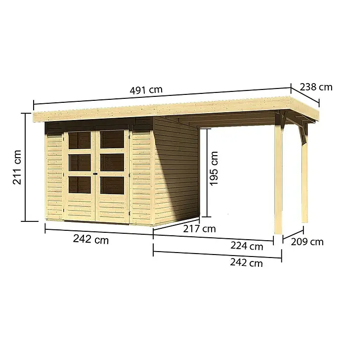Karibu Gartenhaus Askola - Außenmaß inkl. Dachüberstand (B x T): 491 x 238 cm, Holz, Natur, Mit Anbaudach - Ansicht eines Holzgartenhauses mit den Maßangaben Höhe 211cm, Breite 242cm, Tiefe 217cm, Gesamtlänge mit Vordach 491cm.