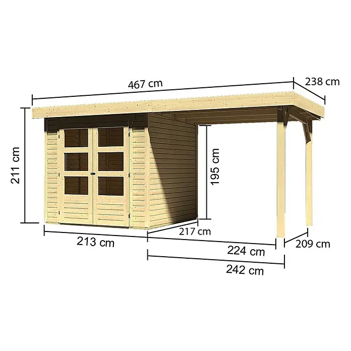 Karibu Gartenhaus Askola - Außenmaß inkl. Dachüberstand (B x T): 467 x 238 cm, Holz, Natur, Mit Anbaudach - Abbildung eines Holzschuppens mit Vordach und Maßangaben für die Produktseite, um Kunden über die Abmessungen zu informieren.
