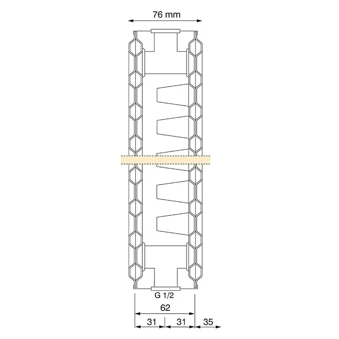 Austauschheizkörper - B x H: 1.000 x 550 mm, Wärmeleistung bei Vorlauftemperatur von 75 °C (D: 50): 1.261 W, Typ Heizkörper: 21 - Technische Zeichnung eines Heizkörper-Anschlussblocks mit Maßangaben, die die Produktabmessungen verdeutlichen.