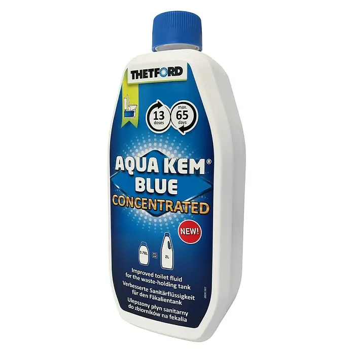 Thetford Toilettenzusatz Aqua Kem Blue Konzentrat - 0,78 l - Bild einer Flasche Thetford Aqua Kem Blue, ein konzentriertes Sanitäradditiv für den Abwassertank von Toiletten.