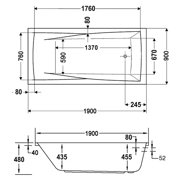Ottofond Badewanne Santos - 190 x 90 cm, Sanitäracryl, Weiß - Technische Zeichnung einer Badewanne mit Maßangaben zu Länge, Breite und Höhe für Installationszwecke.