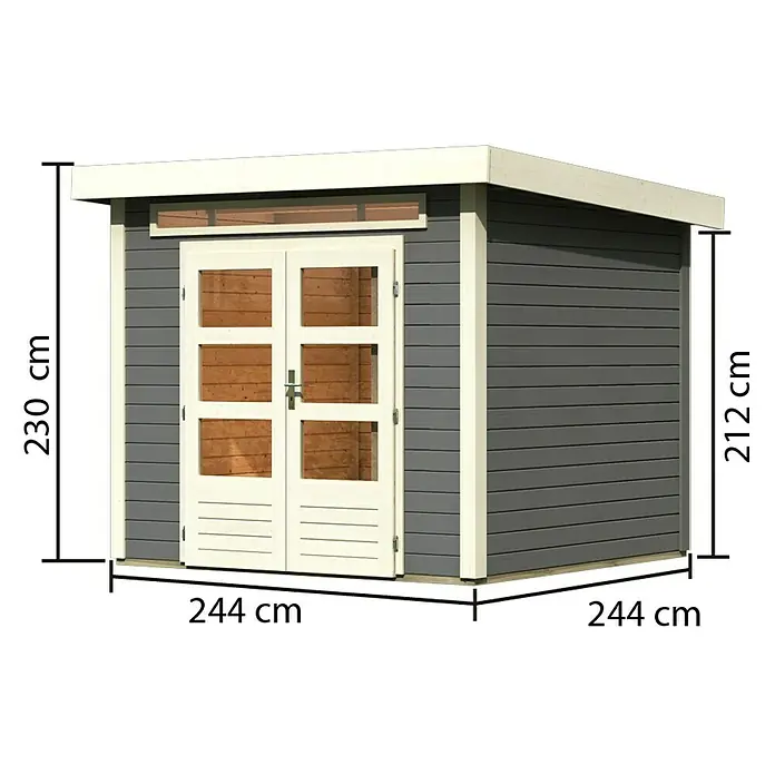 Karibu Gartenhaus Kandern 3 - Außenmaß inkl. Dachüberstand (B x T): 276 x 273 cm, Holz, Terragrau - Bild eines Gartenhauses mit den Maßen 244 x 244 x 230 cm, ideal für die Aufbewahrung von Gartengeräten und -möbeln.