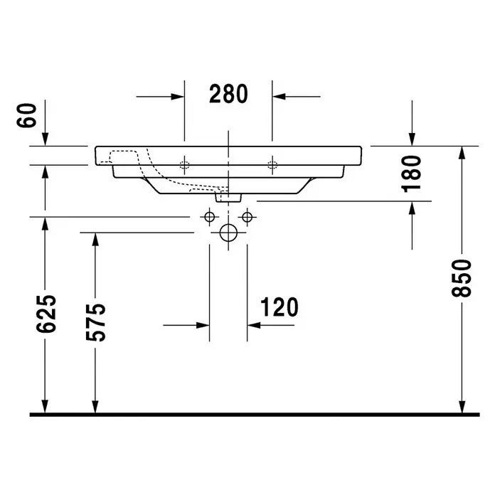Duravit D-Code Waschtisch - 85 x 48 cm, Ohne Spezialglasur, Hahnloch: Mitte, Mit Überlauf, Weiß - Technische Zeichnung eines Waschbeckens mit allen relevanten Maßen für die Installation und Planung.
