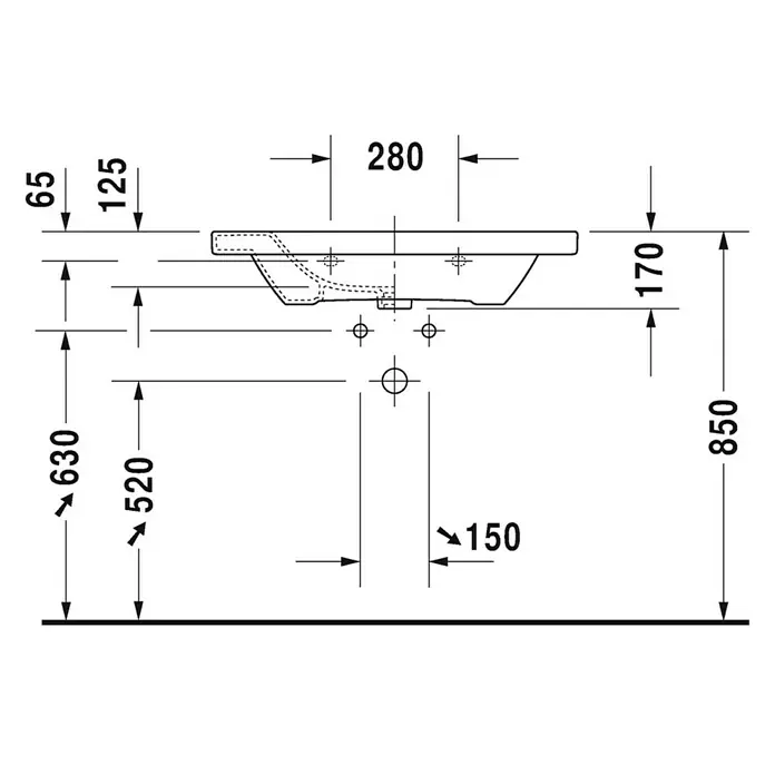 Duravit DuraStyle Waschtisch Typ 1 - 80 x 48 cm, Ohne Spezialglasur, Hahnloch: Mitte, Mit Überlauf, Weiß - Technische Zeichnung eines Waschbeckens mit Abmessungen für die Installation.