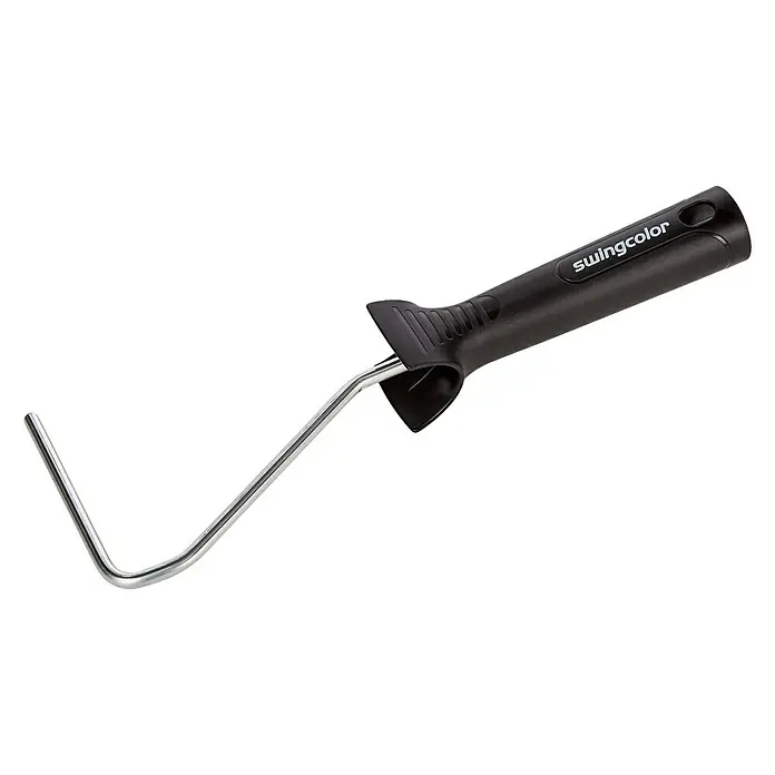 Farbroller-Bügel 1KBügellänge: 27 cm, Geeignet für: Walzen 10 - 12 cm, Bügelstärke: 6 mm - Eine Detailaufnahme eines Swingcolor Farbrollerbügels mit schwarzem Griff und silberfarbenem Metallbügel auf weißem Hintergrund.