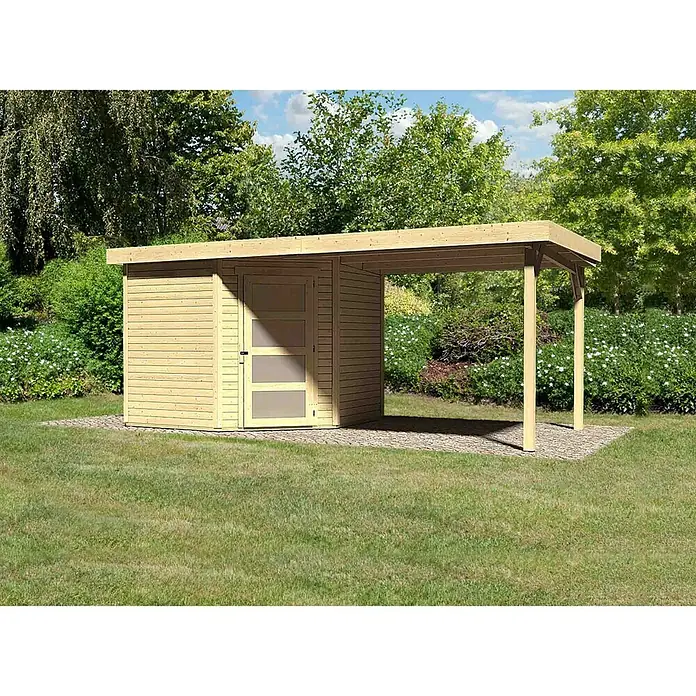 Karibu Gartenhaus Schwandorf 5Außenmaß inkl. Dachüberstand (B x T): 529,5 x 262 cm, Holz, Natur, Mit Anbaudach - Das Bild zeigt ein modernes Gartenhaus mit einem überdachten Bereich, ideal zur Lagerung oder als stilvoller Unterstand im Garten.