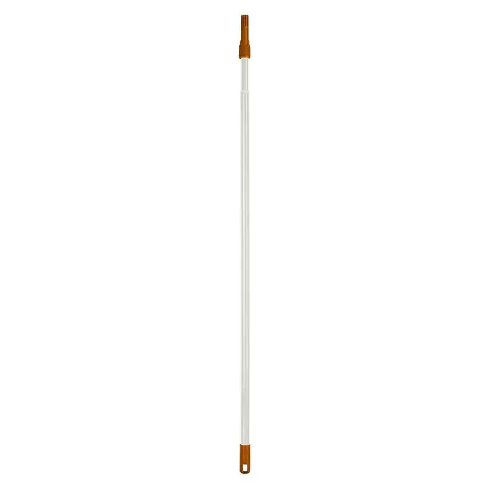 swingcolor Komfort Teleskopstab - Länge Teleskopstange: 110 cm - 200 cm, Stahl - Ein langer, schlanker, weißer Teleskopstiel mit braunen Endstücken für verschiedene Reinigungsaufgaben. Praktisch und vielseitig einsetzbar.