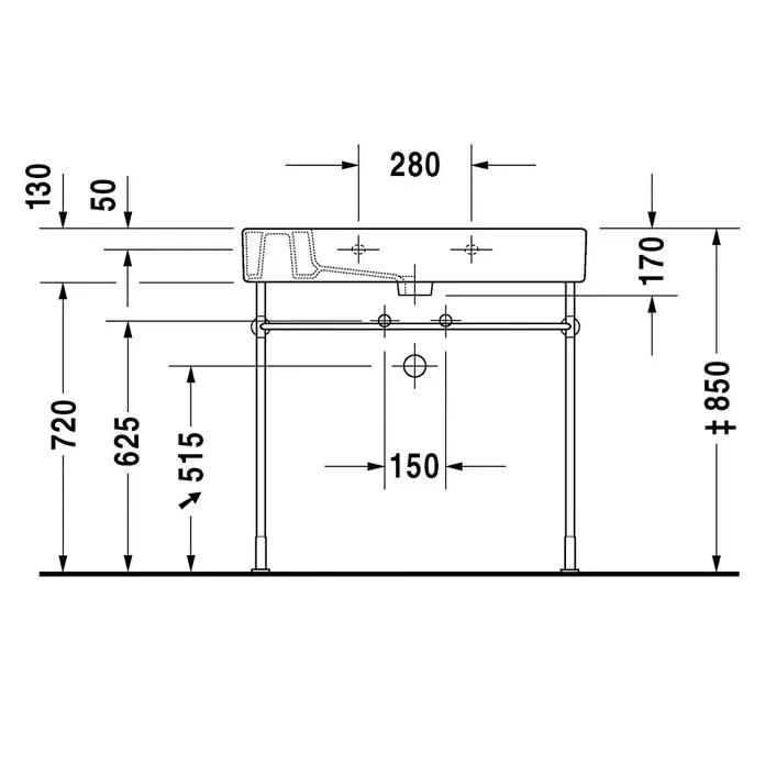 Duravit Vero Waschtisch - 85 x 49 cm, Mit schmutzabweisender Glasur, Hahnloch: Mitte, Mit Überlauf, Weiß, Ungeschliffen - Detaillierte Schemazeichnung eines Waschtischs mit Maßangaben zu Höhe, Breite und Tiefe für Installationszwecke.