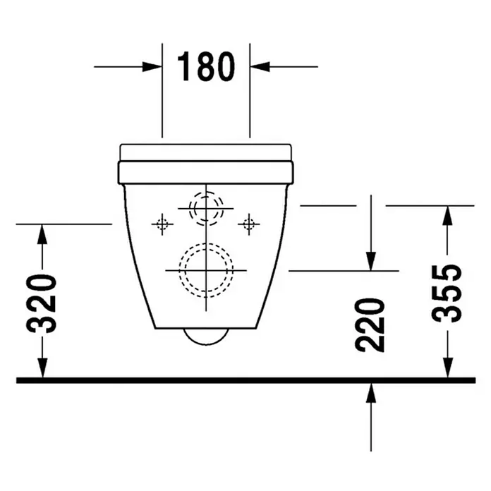 Duravit Starck 3 Wand-WC Comfort - Mit Spülrand, Ohne Spezialglasur, Spülform: Tief, WC Abgang: Waagerecht, Weiß - Abmessungen des Duravit Wand-WC Starck 3 mit einer Breite von 180 mm, einer Höhe von 355 mm und einer Tiefe von 320 mm.