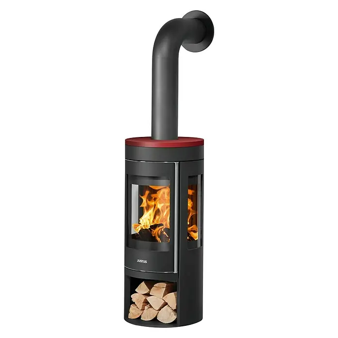Justus Kaminofen Mino Trios 2.0 - 5,5 kW, Raumheizvermögen: 88 m³, Farbe Verkleidung: Bordeauxrot, Schwarz - Justus Kaminofen mit Holzfach und großem Sichtfenster, das einen Blick auf das Flammenspiel im Inneren ermöglicht.\n