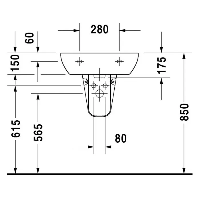 Duravit D-Code Waschtisch - 55 x 43 cm, Ohne Spezialglasur, Hahnloch: Mitte, Mit Überlauf, Weiß - Technische Zeichnung eines Waschbeckens mit detaillierten Maßangaben.