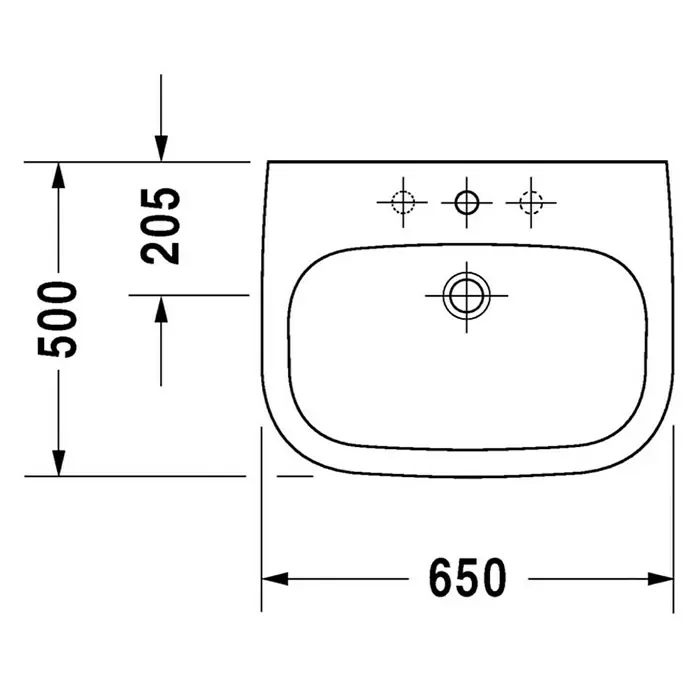 Duravit D-Code Waschtisch - 65 x 50 cm, Ohne Spezialglasur, Hahnloch: Mitte, Mit Überlauf, Weiß - Technische Zeichnung eines Waschbeckens mit Maßen 500 x 650 x 205 mm für Installationsdetails.