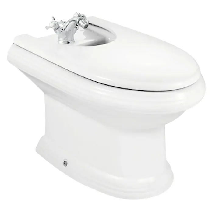 Roca Tapa de bidé América - Blanco, Plástico termoendurecido - Imagen de un bidé blanco con grifo cromado, un accesorio de diseño clásico que destaca en el baño.