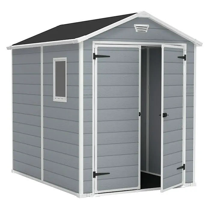 Keter Caseta de jardín Manor 6x8 - Medidas ext. (An x Pr): 185,8 x 236,8 cm, Gris Claro/Blanco, Plástico, Área: 3,9 m² - Un cobertizo de jardín gris con techo negro y detalles blancos, con las puertas dobles abiertas.