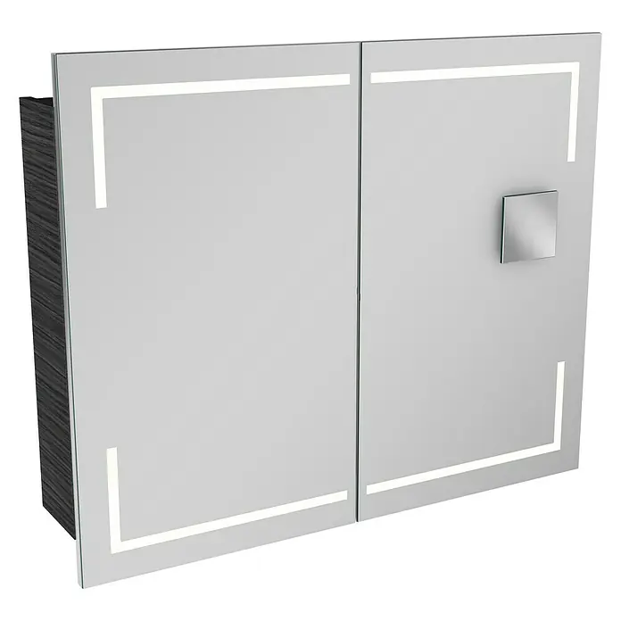 Lanzet K5 Badmöbel-Set K59D2 - 87,9 cm, Dark Oak - Ein moderner Spiegelschrank mit LED-Beleuchtung und einer grauen Holzstruktur an der Seite für stilvolle Badezimmeraufbewahrung.