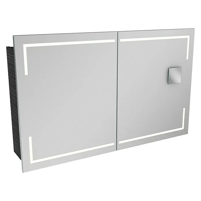 Lanzet K5 Badmöbel-Set K51D2 - 117,9 cm, Dark Oak - Spiegelschrank mit LED-Beleuchtung und quadratischem Griff. Der Spiegelschrank ist zweitürig und bietet viel Stauraum.