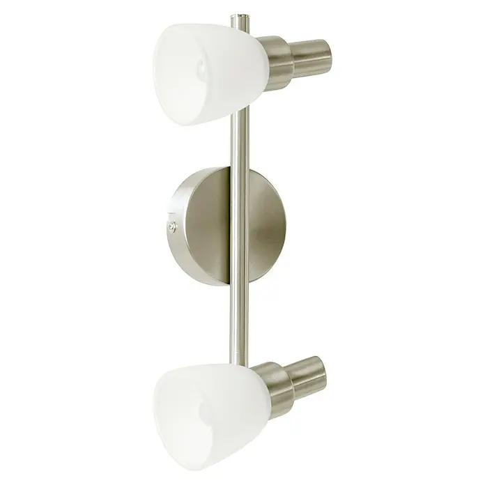Osram Regleta LED 827 - 4 W, L x An x Al: 27,5 x 8 x 16 cm, Blanco/Plateado, Blanco cálido - Primer plano de una lámpara de pared con dos focos giratorios y una base de metal. La luz proporciona una iluminación cálida y acogedora.