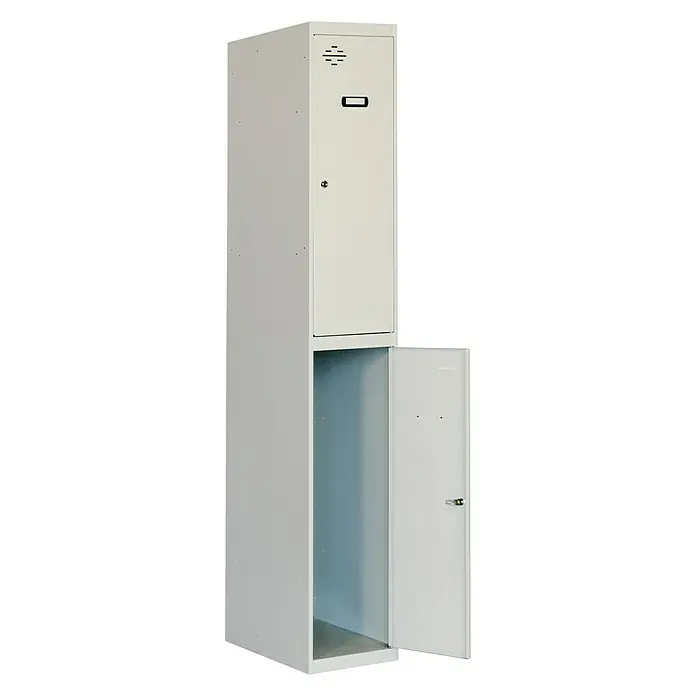 Simonrack Simonlocker Taquilla Tandem Inicial Desmontada - L x An x Al: 50 x 40 x 180 cm, Número de puertas: 2 ud., Gris/Gris - Imagen de una taquilla metálica gris de una sola pieza con un compartimento inferior abierto y un compartimento superior cerrado.