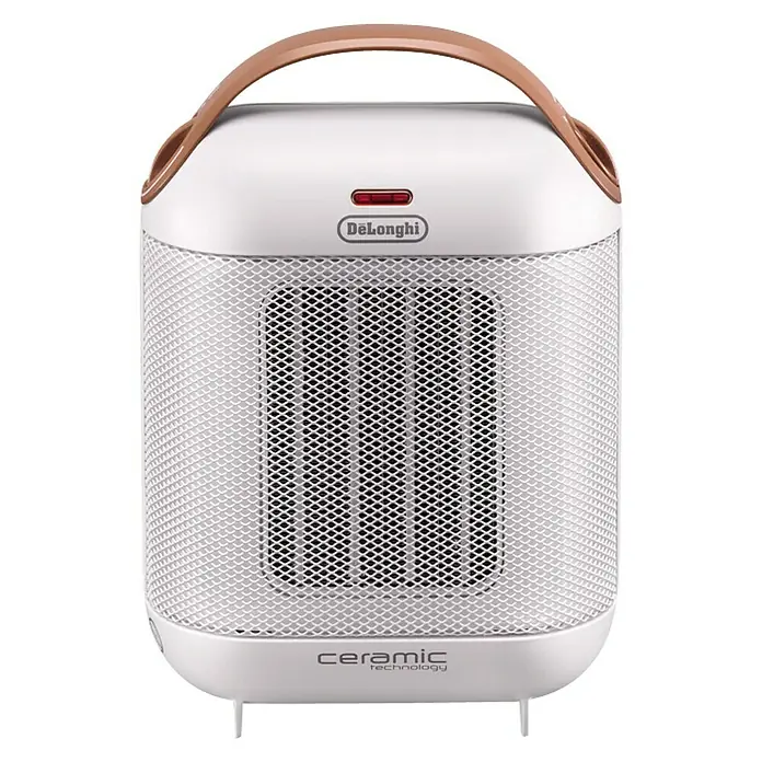 De'Longhi Calefactor de aire Capsule - 900 W - 1.800 W, Blanco - Calefactor cerámico DeLonghi compacto y portátil en blanco con asa marrón para facilitar el transporte y el calor enfocado.