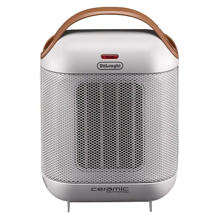 De'Longhi Calefactor de aire Capsule - 900 W - 1.800 W, Blanco - Imagen del producto de un calefactor cerámico portátil Delonghi en blanco y marrón, brindando calidez y confort a cualquier espacio.
