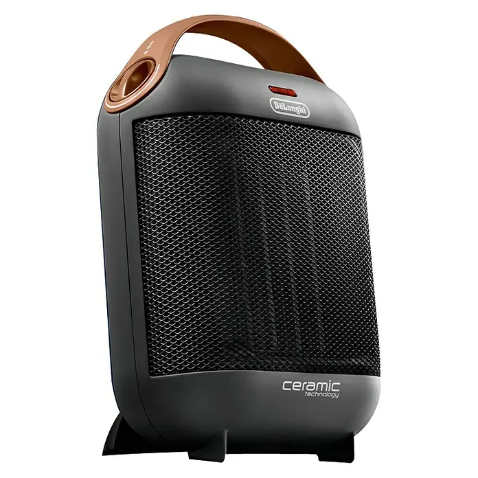 De'Longhi Calefactor de aire Capsule - 900 W - 1.800 W, Gris oscuro - Imagen de un calefactor cerámico portátil De'Longhi con asa y rejilla protectora para uso interior.