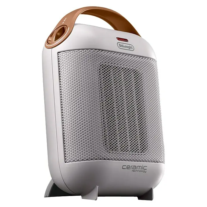 De'Longhi Calefactor de aire Capsule - 900 W - 1.800 W, Blanco - Imagen de un calefactor cerámico portátil De'Longhi con asa marrón para fácil transporte y calentamiento rápido.