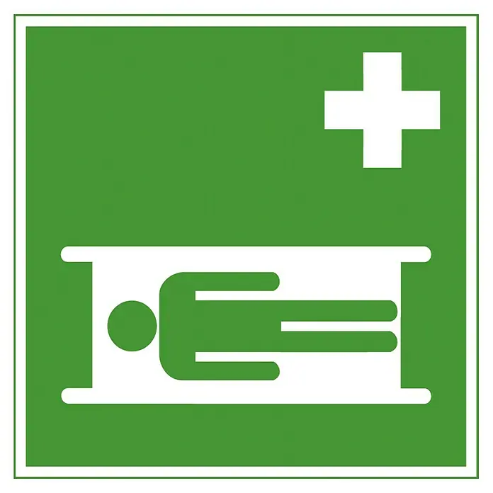 Leina-Werke Rettungszeichen - ASR A 1.3, Hart-PVC, Motiv: Krankentrage - Grünes Schild mit weißem medizinischem Symbol, das eine Trage mit einer Person und einem medizinischen Kreuz darstellt.