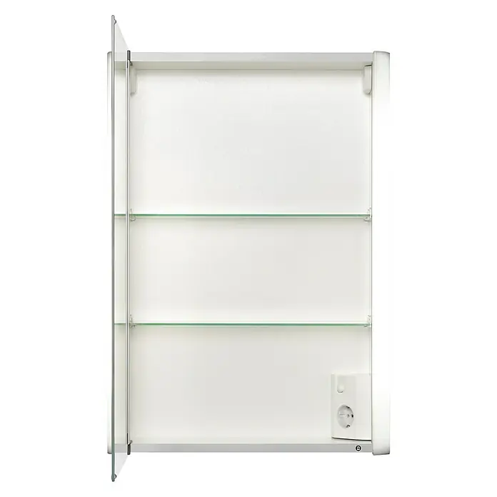 Riva Spiegelschrank Torno - B x H: 50 x 70,5 cm, Holz, Aluminium - Offener Spiegelschrank mit Glasablagen und Steckdose, ideal für Badezimmer. Der Schrank bietet viel Stauraum und praktische Funktionen.