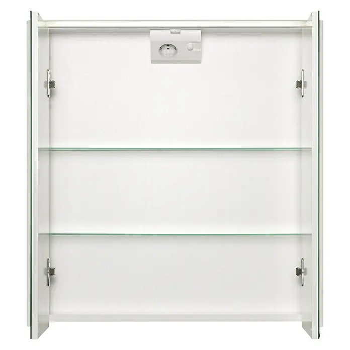 Riva LED-Spiegelschrank Verdal - B x H: 65 x 68 cm, Holz, Weiß - Offener weißer Spiegelschrank mit zwei Glasböden und integrierter Steckdose für Badutensilien. Praktisch und modern.