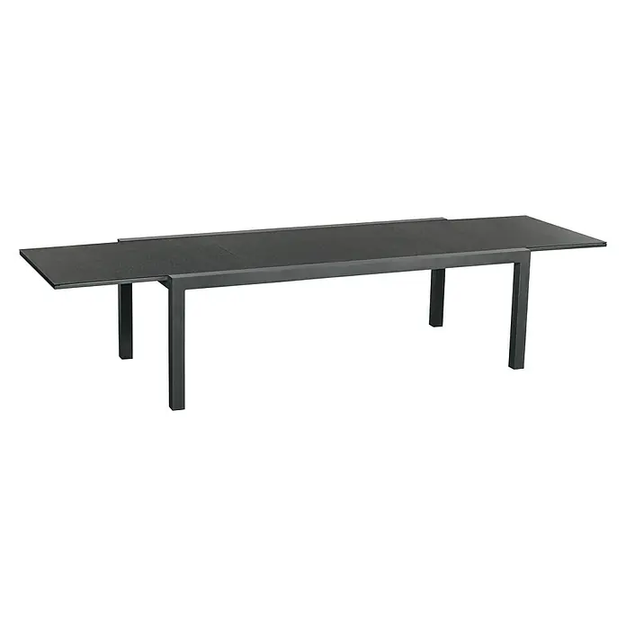 Sunfun Maja Gartentisch - L x B x H: 280 x 100 x 75 cm, Aluminium, Glas, Rechteckig, Night-Grey, Ausziehbar - Ein schwarzer, ausziehbarer Esstisch mit einem modernen, minimalistischen Design, ideal für stilvolle Essbereiche.